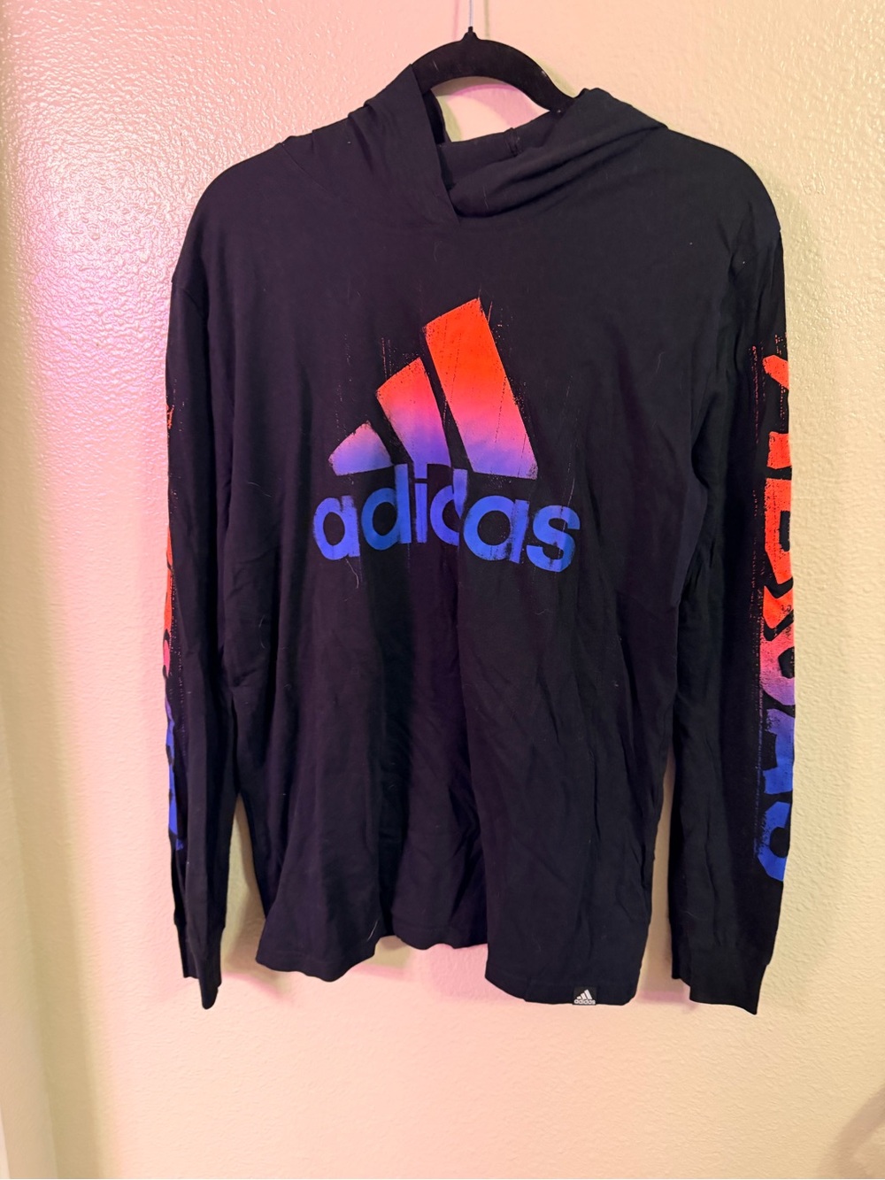 adidas Black Hooded tee with Red and Blue Gradient Logo